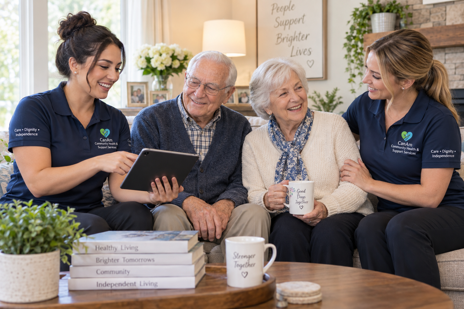 A caregiver helping an older adult use a tablet at home