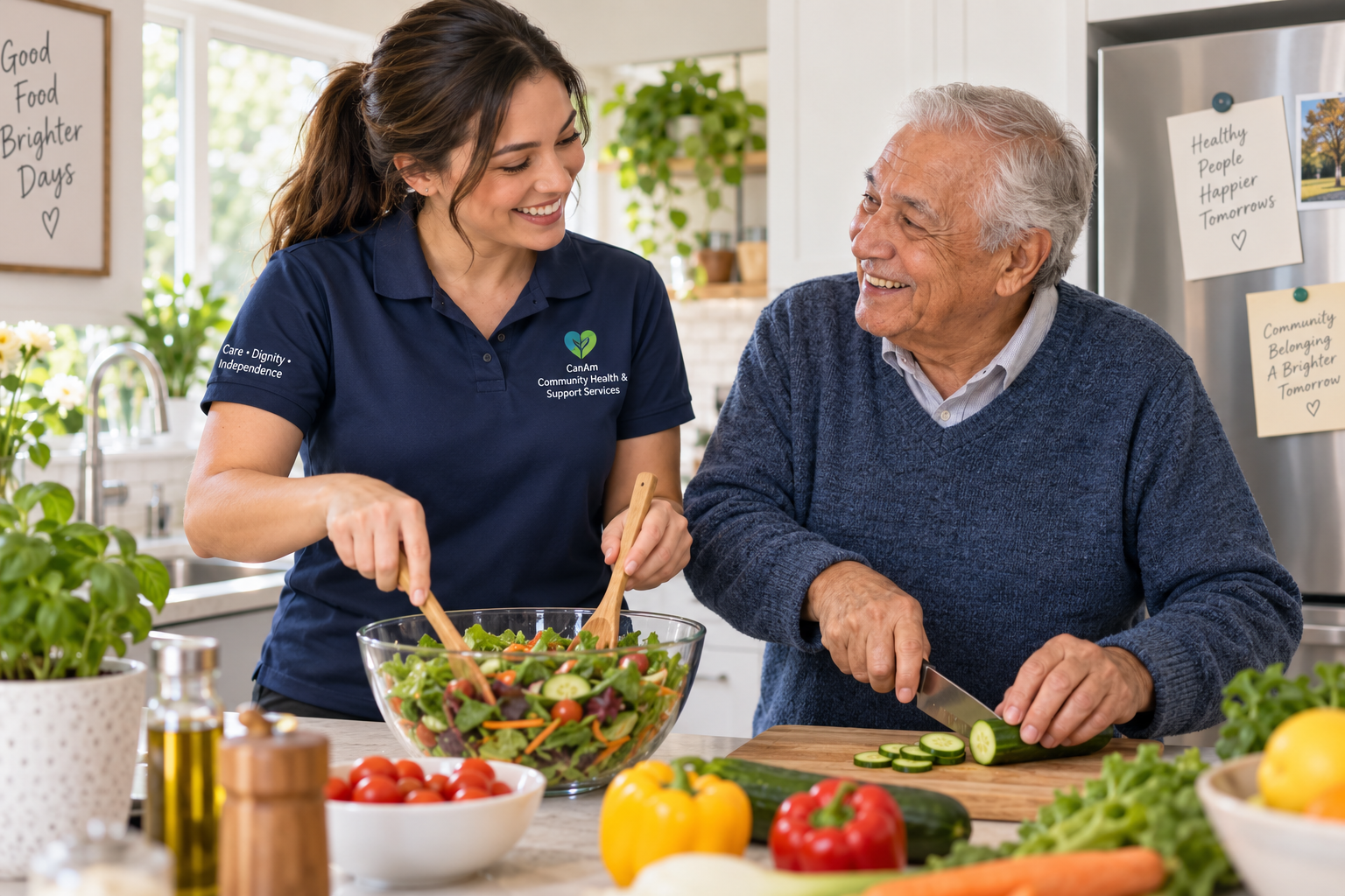 A caregiver and an older adult preparing a healthy meal together