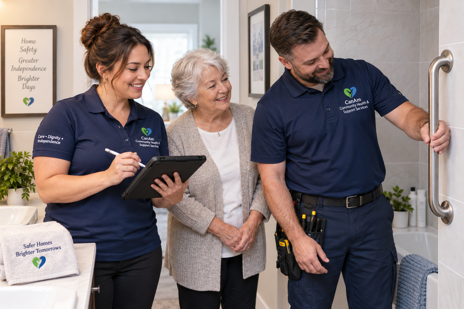 A home-safety specialist reviewing a secure stair handrail with an older homeowner