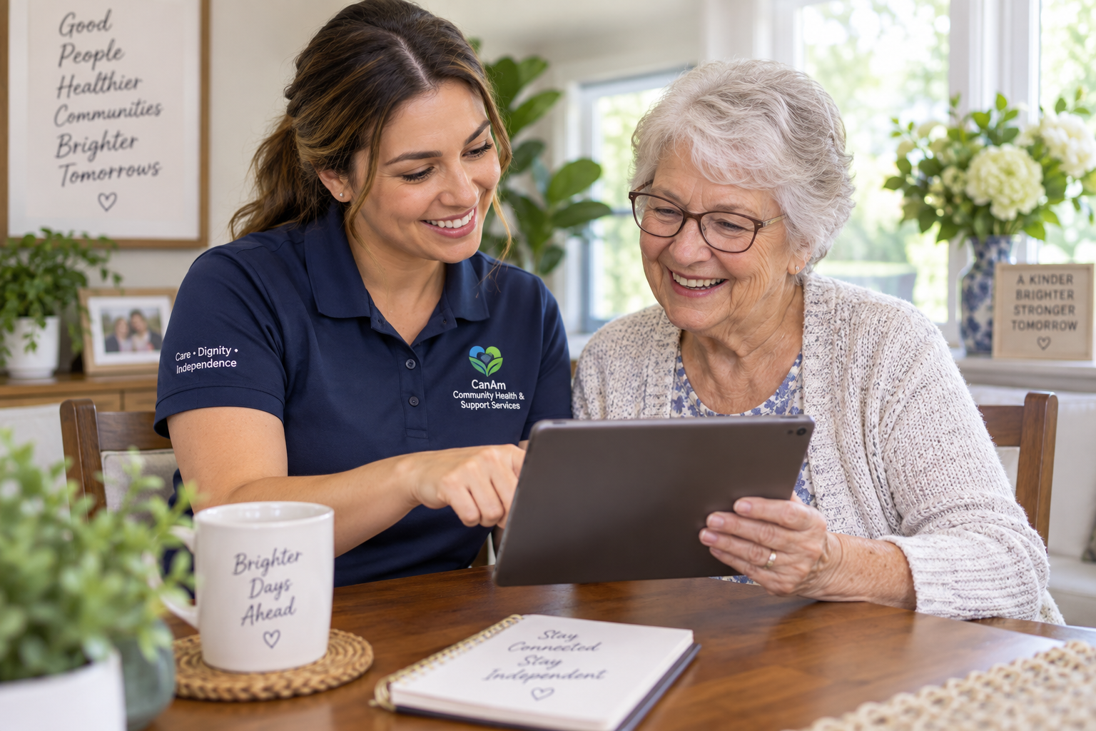 A senior independence coordinator speaking with an older adult at home